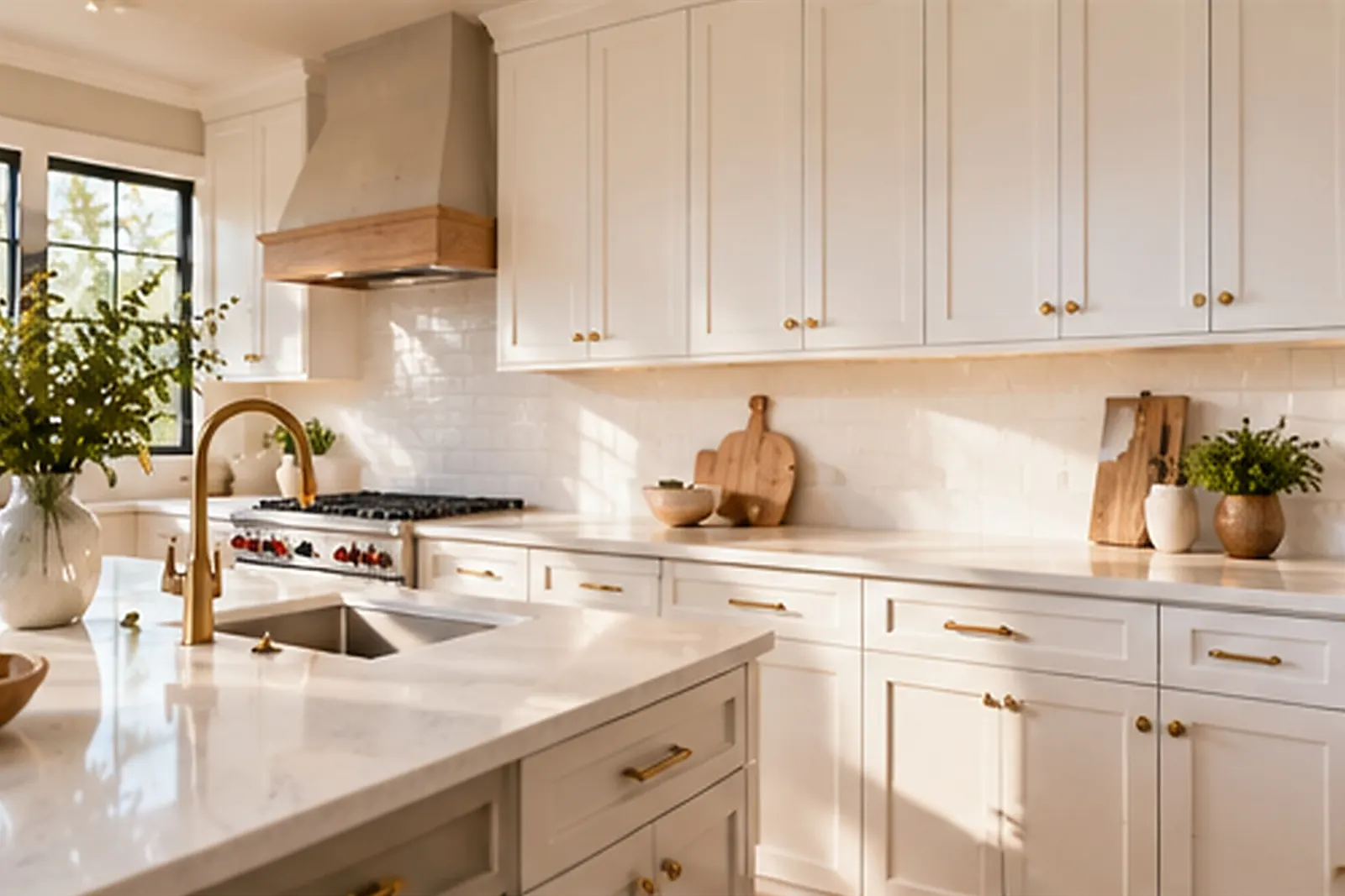 Finished kitchen with white shaker cabinets and brass hardware