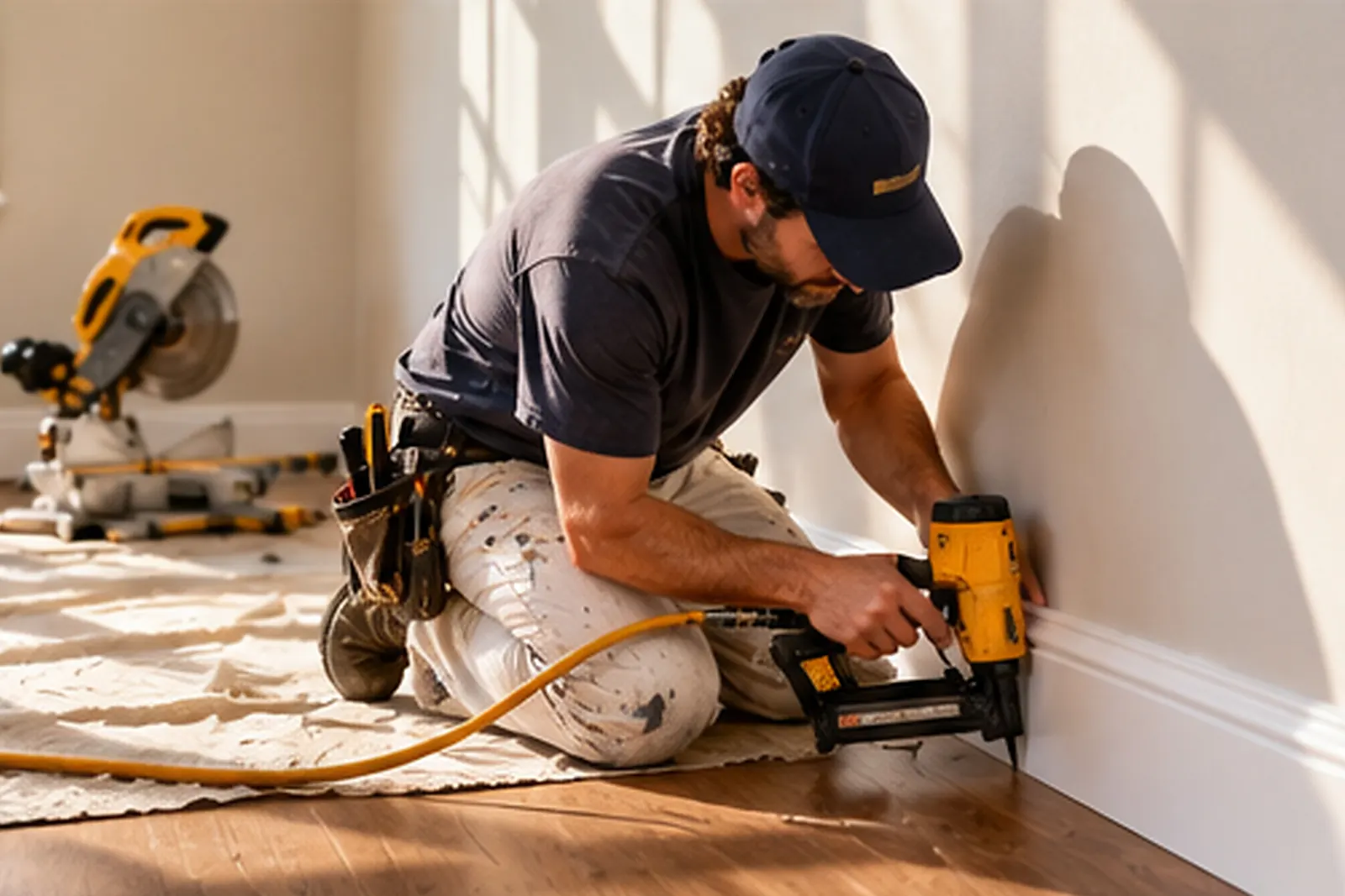 Handyman installing baseboard trim with a finish nailer
