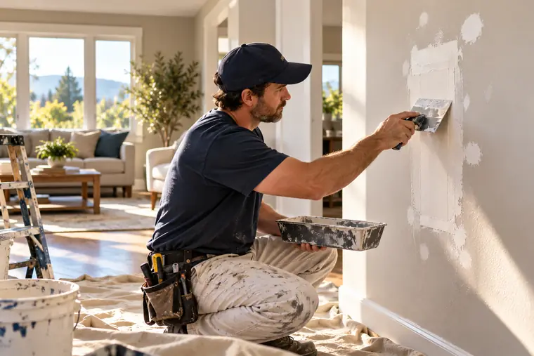 Handyman smoothing joint compound over a drywall patch in a living room