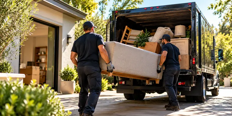 Two workers loading a couch into a junk removal truck