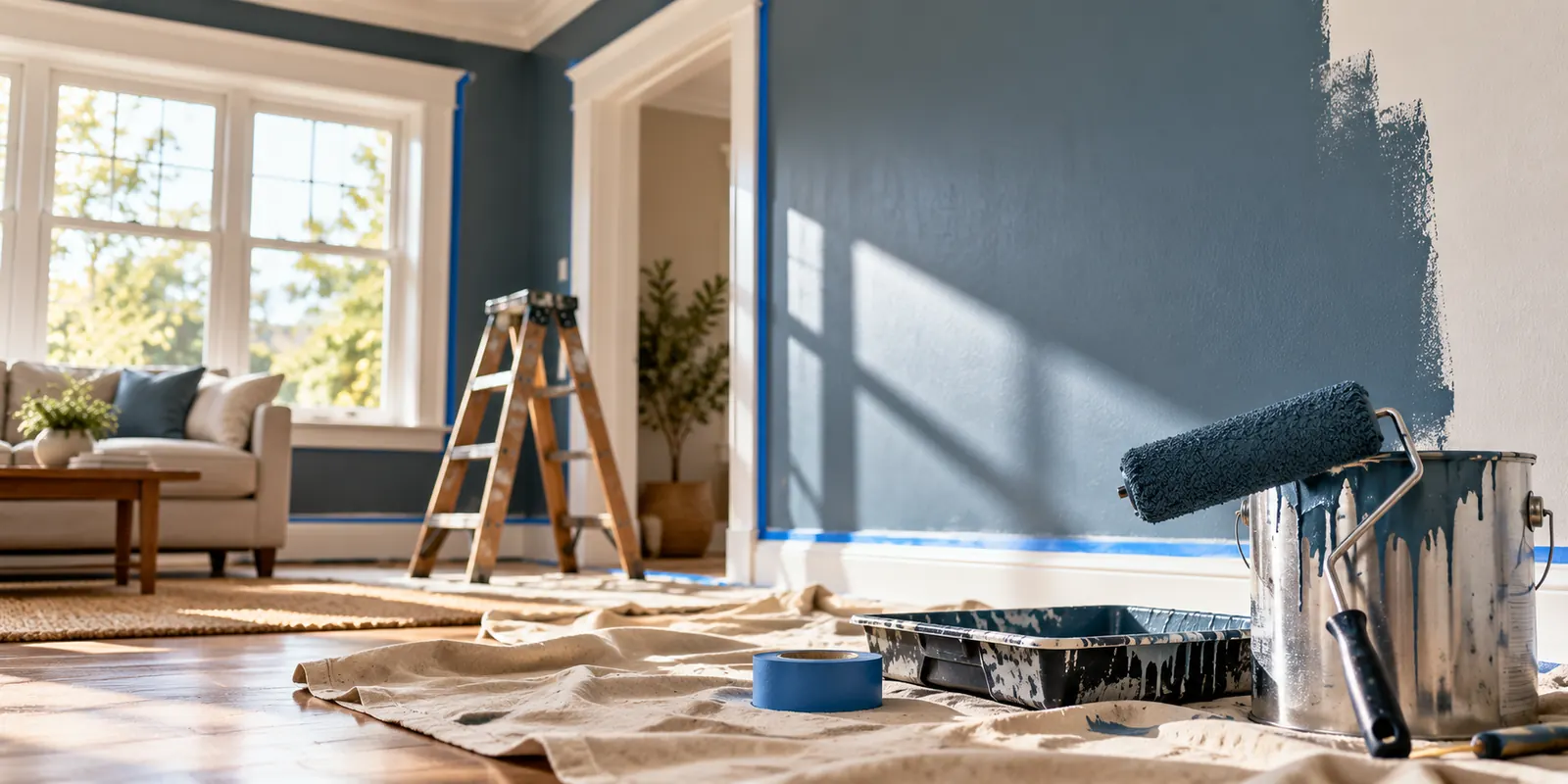 Living room mid-repaint with drop cloths, a ladder and a paint roller